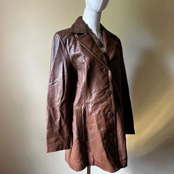 Vintage Nine West Brownβ Leather Coat Large Button Front Y2K Trench Jacket - Picture 9 of 11